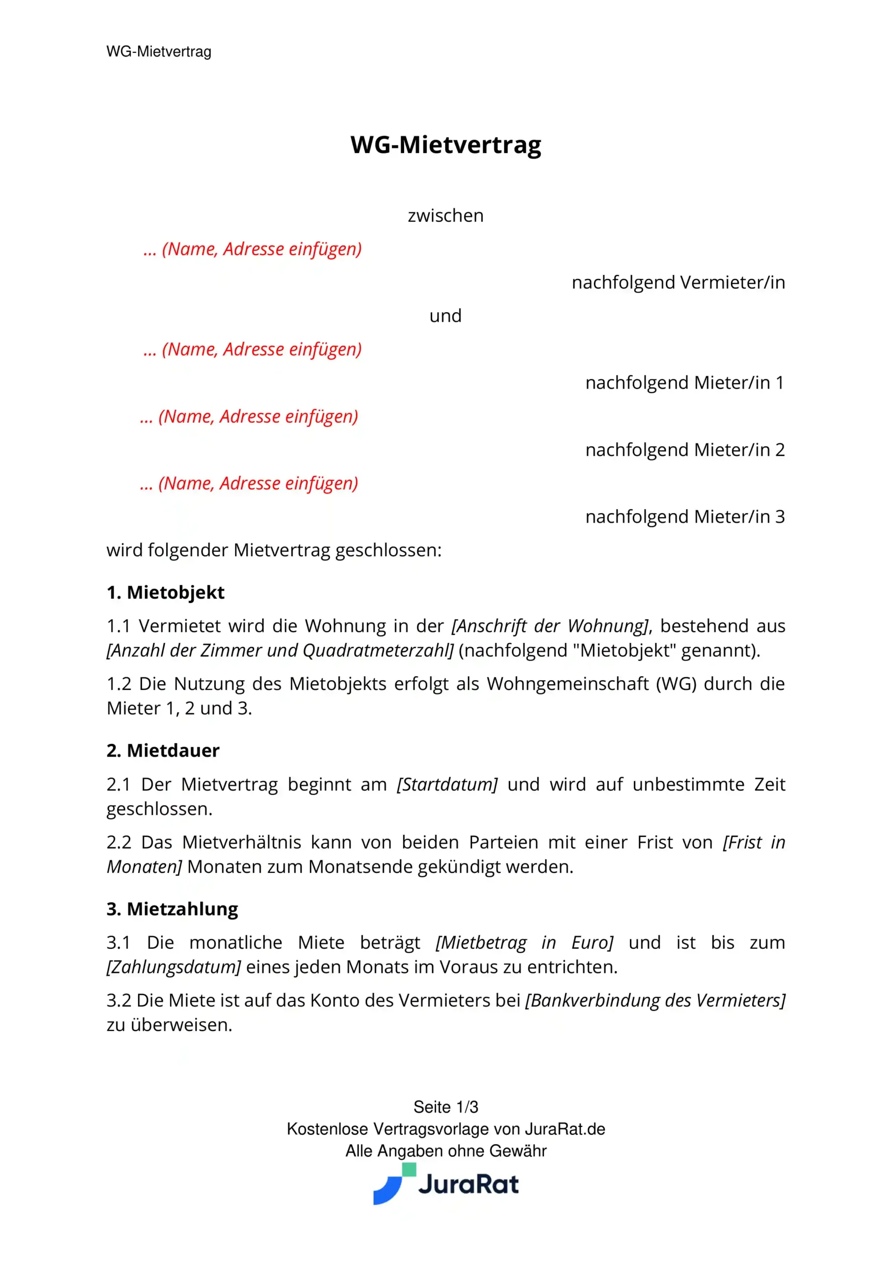 WG Vertrag untereinander Vorlage als PDF gratis zum Ausdrucken